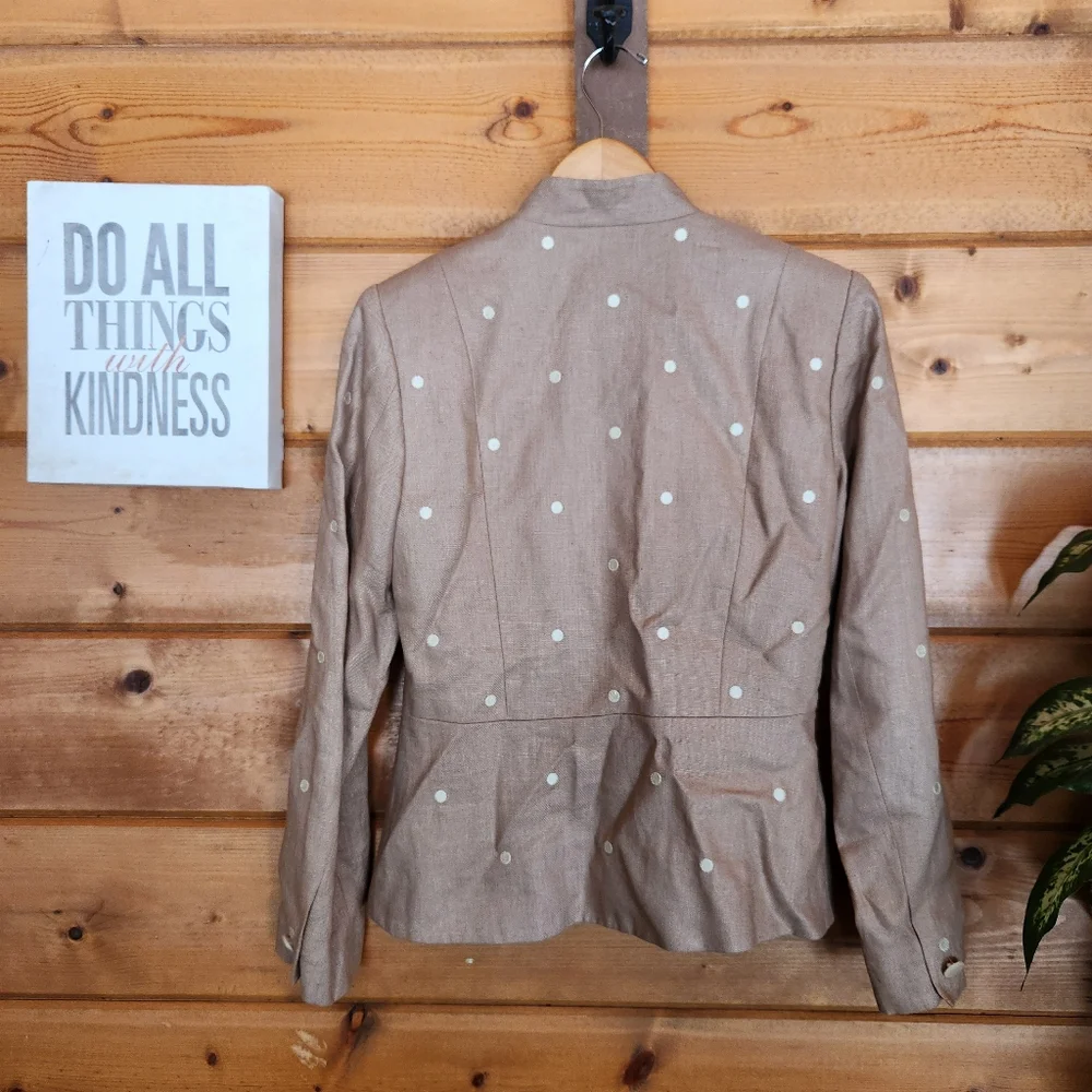 Donna Morgan Polka Dot Beige Tan Linen Blazer Suit Jacket Teill Embroidered Sz 4